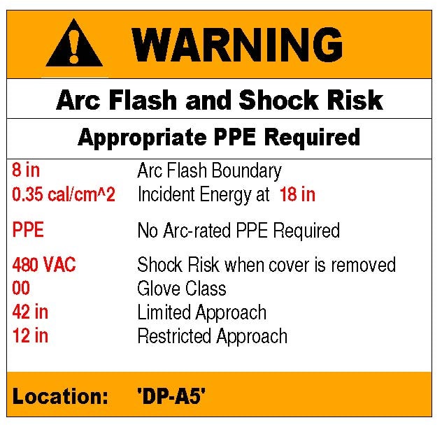 Arc Flash and Shock Risk warning label showing 8-inch arc flash boundary, 0.35 cal/cm² incident energy, 480 VAC shock risk, and PPE requirements for location DP-A5